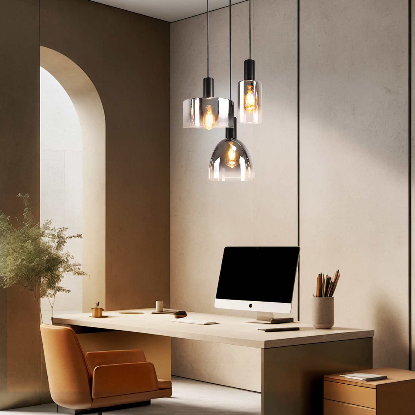 Pendelleuchte Wohnzimmer Hängelampe 3 Flammig Hängeleuchte-E27 Vintage Esszimmerlampe Hängend Pendellampe Höhenverstellbar Rauchgrau Glas für Schlafzimmer Wohnzimmer (ohne Leuchtmittel)