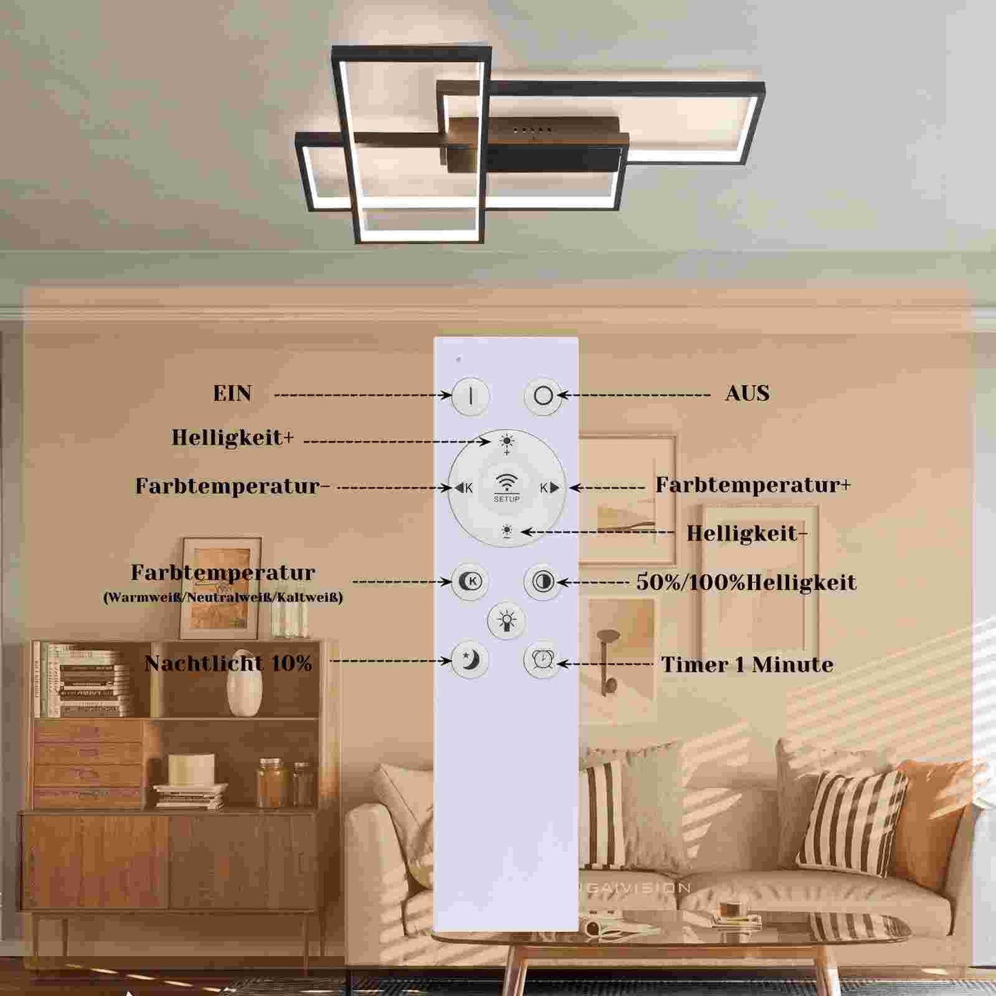 ZMH Deckenlampe LED Deckenleuchte Schlafzimmer - 65cm Wohnzimmerlampe Schwarz Schlafzimmerlampe Dimmbar mit Fernbedienung 65W Wohnzimmer Deckenbeleuchtung Modern Küchenlampe Groß für Esszimmer Küche