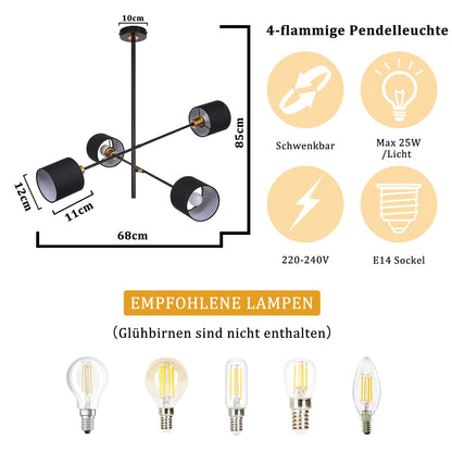 ZMH Pendelleuchte Esstisch Hängelampe Wohnzimmer - Wohnzimmerlampe Hängend Kronleuchter Vintage Hängeleuchte Schwarz Küchenlampe 4 Flammig Esstischlampe E14 Esszimmerlampe für Esszimmer Schlafzimmer