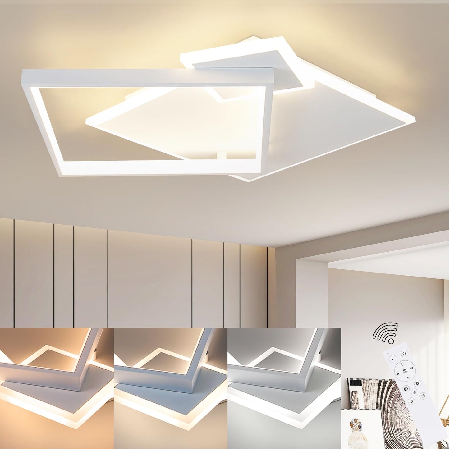 ZMH Deckenlampe LED Deckenleuchte Wohnzimmer - Dimmbar Wohnzimmerlampe 50W Modern Design mit Fernbedienung aus Metall Deckenbeleuchtung für Esszimmer Küche Jugendzimmer Schlafzimmer/Weiß