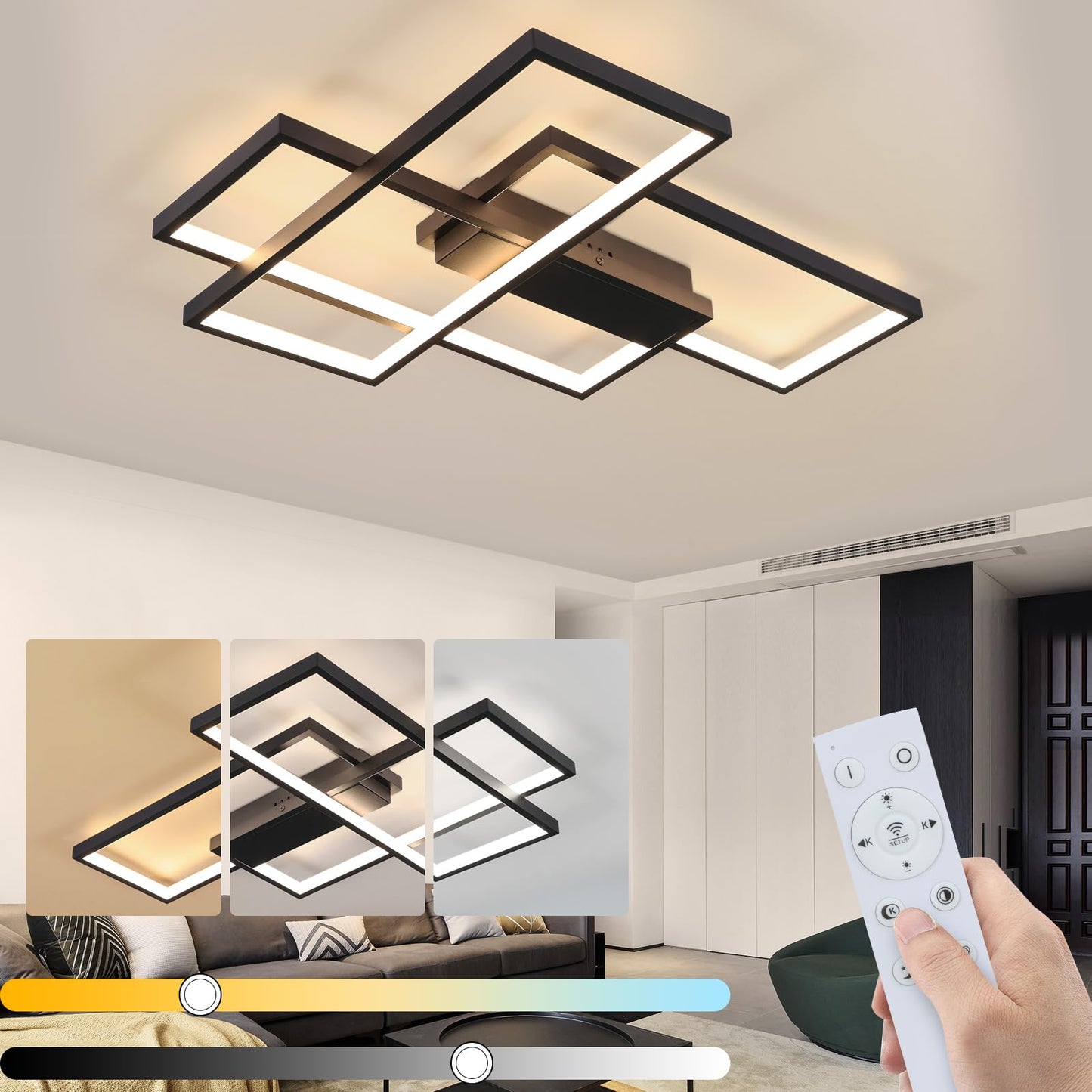 ZMH LED Deckenleuchte Dimmbar Modern Deckenlampe Schwarz Wohnzimmerlampe 65W Geometrisch Wandlampe Multifunktional Deckenbeleuchtung für Wohnzimmer, Schlafzimmer, Büro, Flur und Balkon