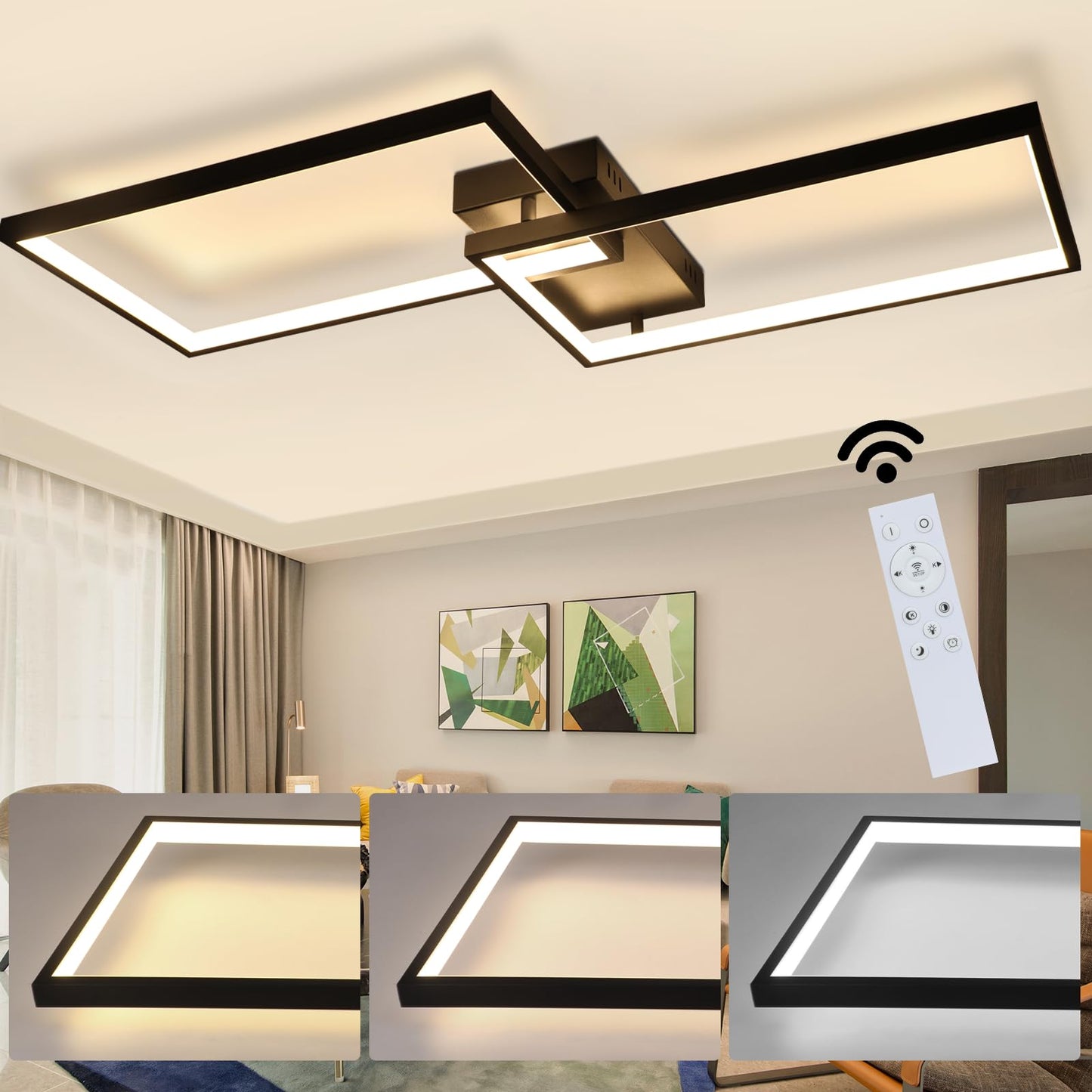 ZMH LED Deckenleuchte Wohnzimmer Deckenlampe Schwarz - Modern 72W 80CM Wohnzimmerlampe Dimmbar mit Fernbedienung Schlafzimmerlampe Rechteck Metall-Design für Schlafzimmer Kinderzimmer küchen