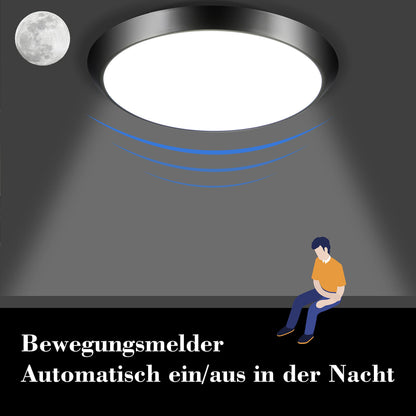 ZMH LED Deckenleuchte mit Bewegungsmelder Innen 15W LED Deckenlampe mit Bewegungssensor I IP44 Wasserdicht Sensor Lampe Schwarz Rund für Flur Treppe Garage Balkon Keller Werkstatt Ø30cm