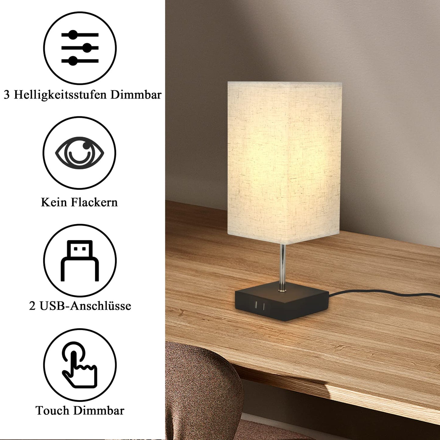 ZMH Tischlampe Touch Nachttischlampe USB - Schwarz Tischleuchte E27 Aufladbar Vintage Nachtlicht mit Ladefunktion Dimmbar für Deko Schlafzimmer, Nachttisch, Geschenk, Esszimmer