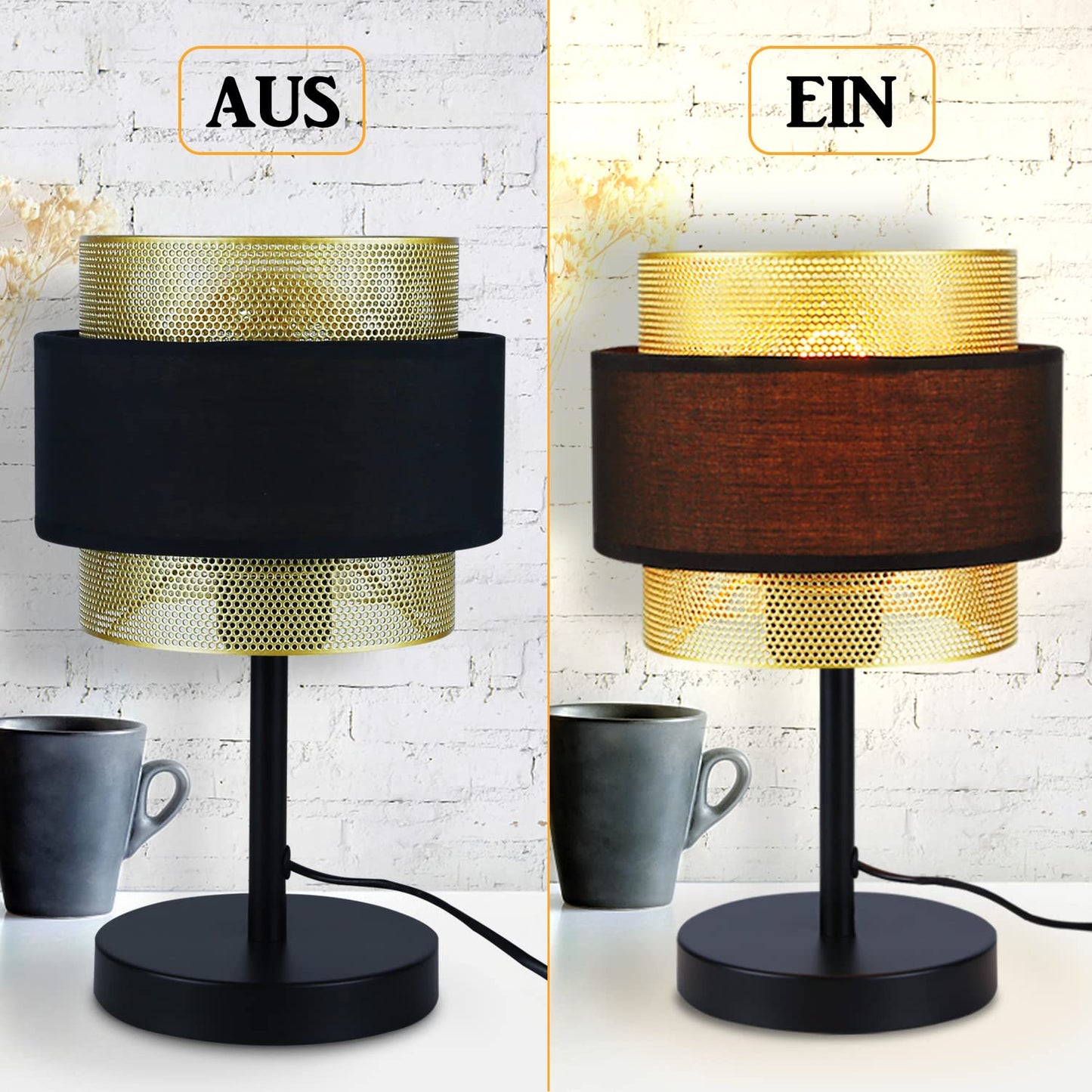 ZMH Tischlampe Retro Nachttischlampe Schwarz - Vintage Tischleuchte E27 für Wohnzimmer Schlafzimmer Gold Design Nachttischleuchte aus Metall Stoffschirm in Industrial Antik Stil - ohne Glühbirne