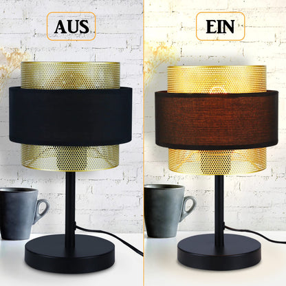 ZMH Tischlampe Retro Nachttischlampe Schwarz - Vintage Tischleuchte E27 für Wohnzimmer Schlafzimmer Gold Design Nachttischleuchte aus Metall Stoffschirm in Industrial Antik Stil - ohne Glühbirne