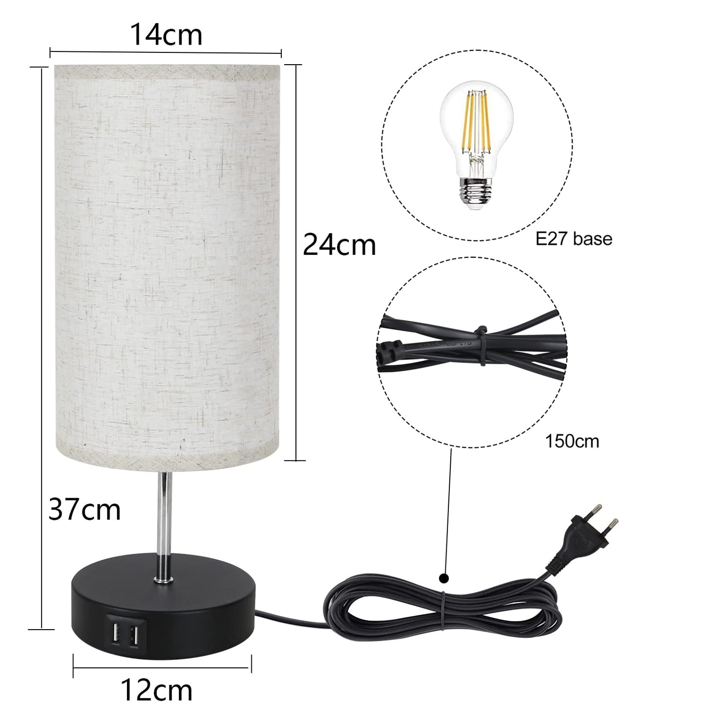 ZMH  Tischlampe Touch Nachttischlampe - USB Schwarz Vintage Dimmbar Tischleuchte E27 mit Ladefunktion Stoff Lampenschirm für Modern Deko Schlafzimmer, Geschenk, Wohnzimmer