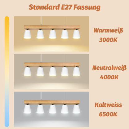 ZMH Pendelleuchte Esstisch Küchenlampe Hängend - Hängelampe Wohnzimmer Pendellampe Holz Modern Esstischlampe E27 Esszimmer Hängeleuchte 5 Flammig Weiß Esszimmerlampe für Flur Hotel (ohne Leuchtmittel)