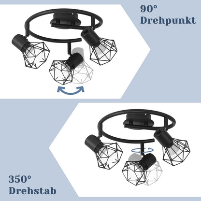 ZMH Deckenstrahler 3 Flammig Rund Deckenspots - Deckenleuchte E14 Schwarz Retro Schwenkbar Industrial Küchenlampe Metall für Schlafzimmer Wohnzimmer Arbeitszimmer Flur Keine Leuchtmittel