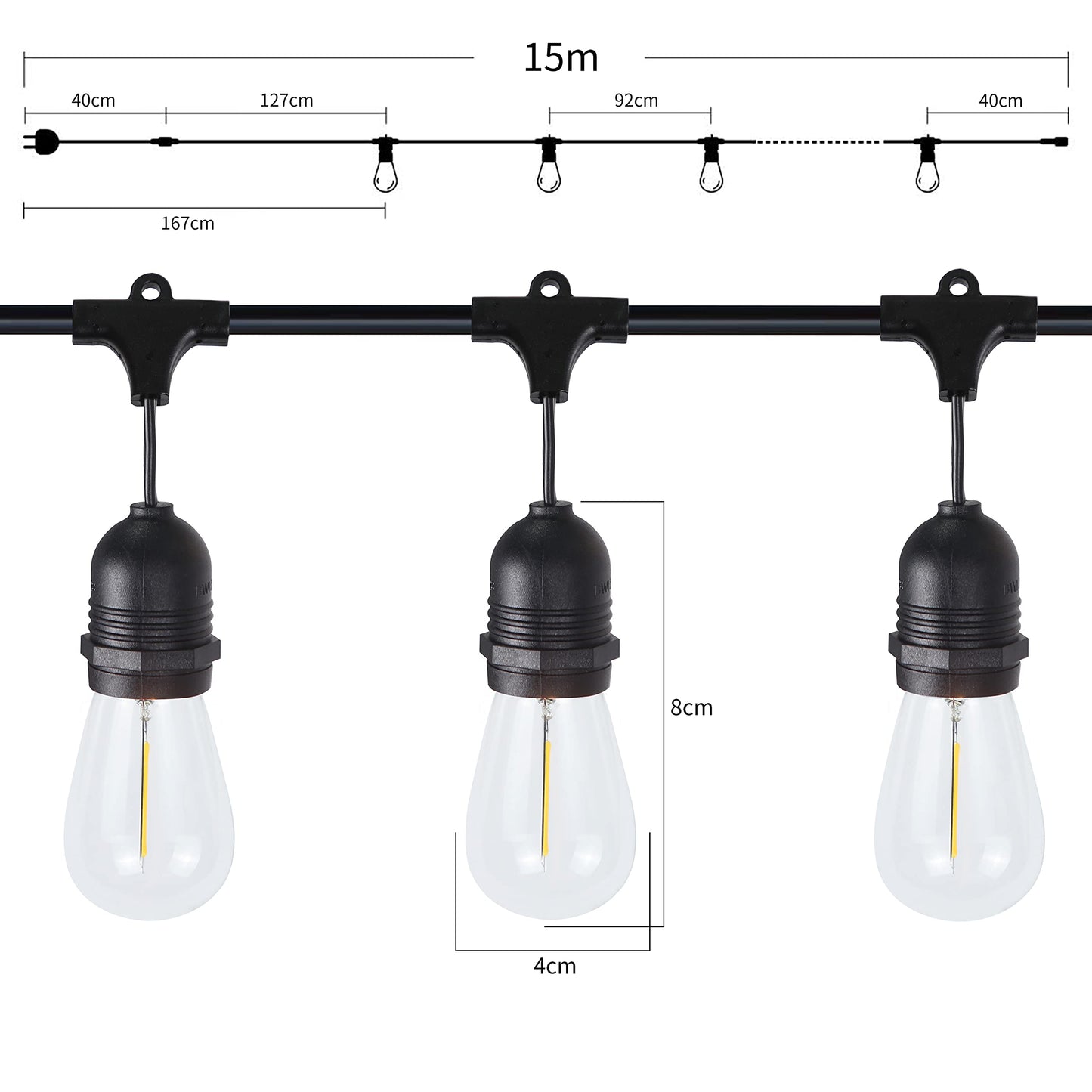 ZMH LED Lichterkette außen Balkon Deko - 15M outdoor Lichterkette Glühbirnen Garten Beleuchtung S14 Warmweiß 15er mit 1 Ersatzbirne IP65 Wasserdichte für Party Weihnachten Terrasse - Strombetrieben