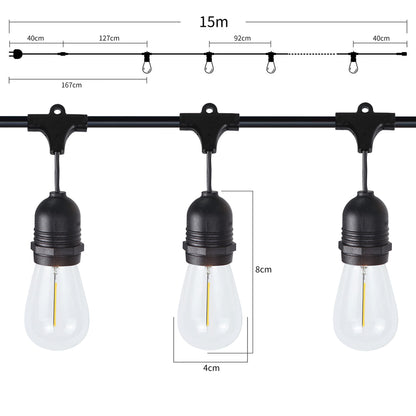 ZMH LED Lichterkette außen Balkon Deko - 15M outdoor Lichterkette Glühbirnen Garten Beleuchtung S14 Warmweiß 15er mit 1 Ersatzbirne IP65 Wasserdichte für Party Weihnachten Terrasse - Strombetrieben