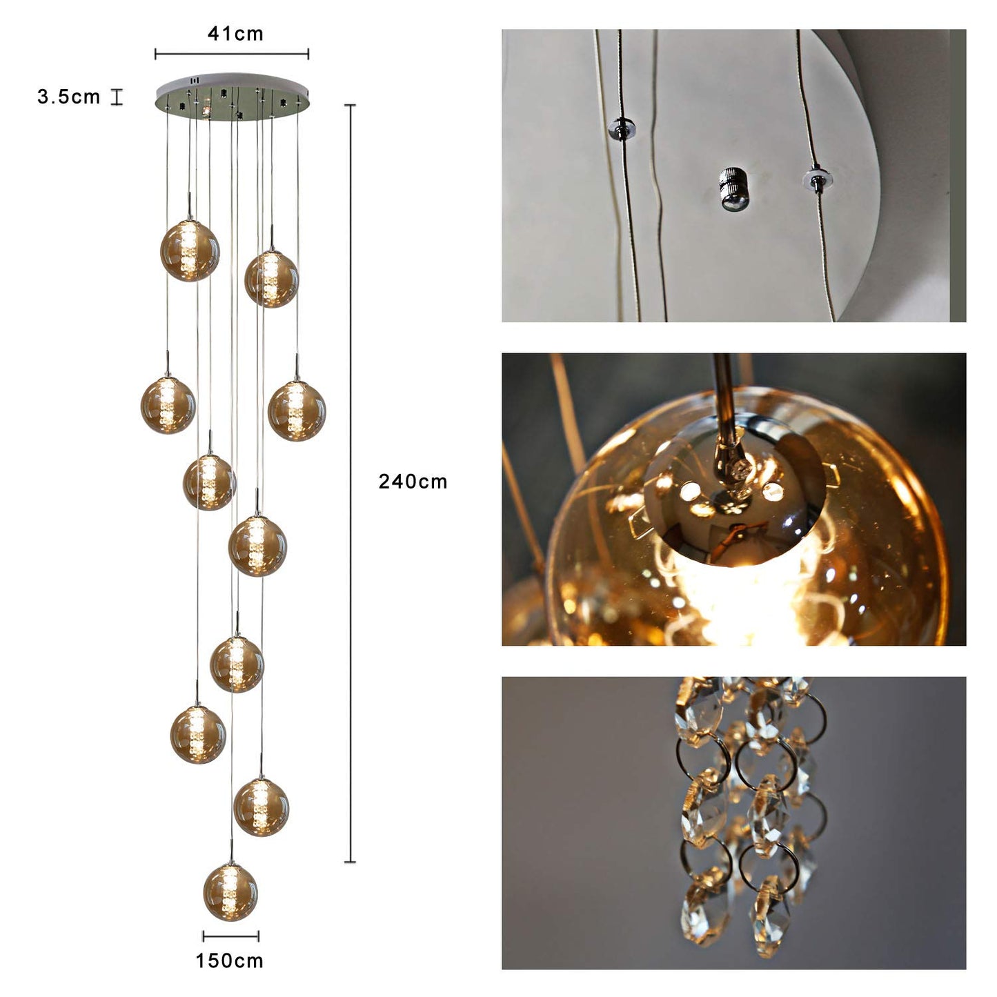 ZMH Pendelleuchte esstisch Pendellampe Höhenverstellbar Kronleuchter Hängeleuchte 10-Flammig aus Glas in Farbe Bernstein Küchen Wohnzimmerlampe Schlafzimmerlampe Flurlampe