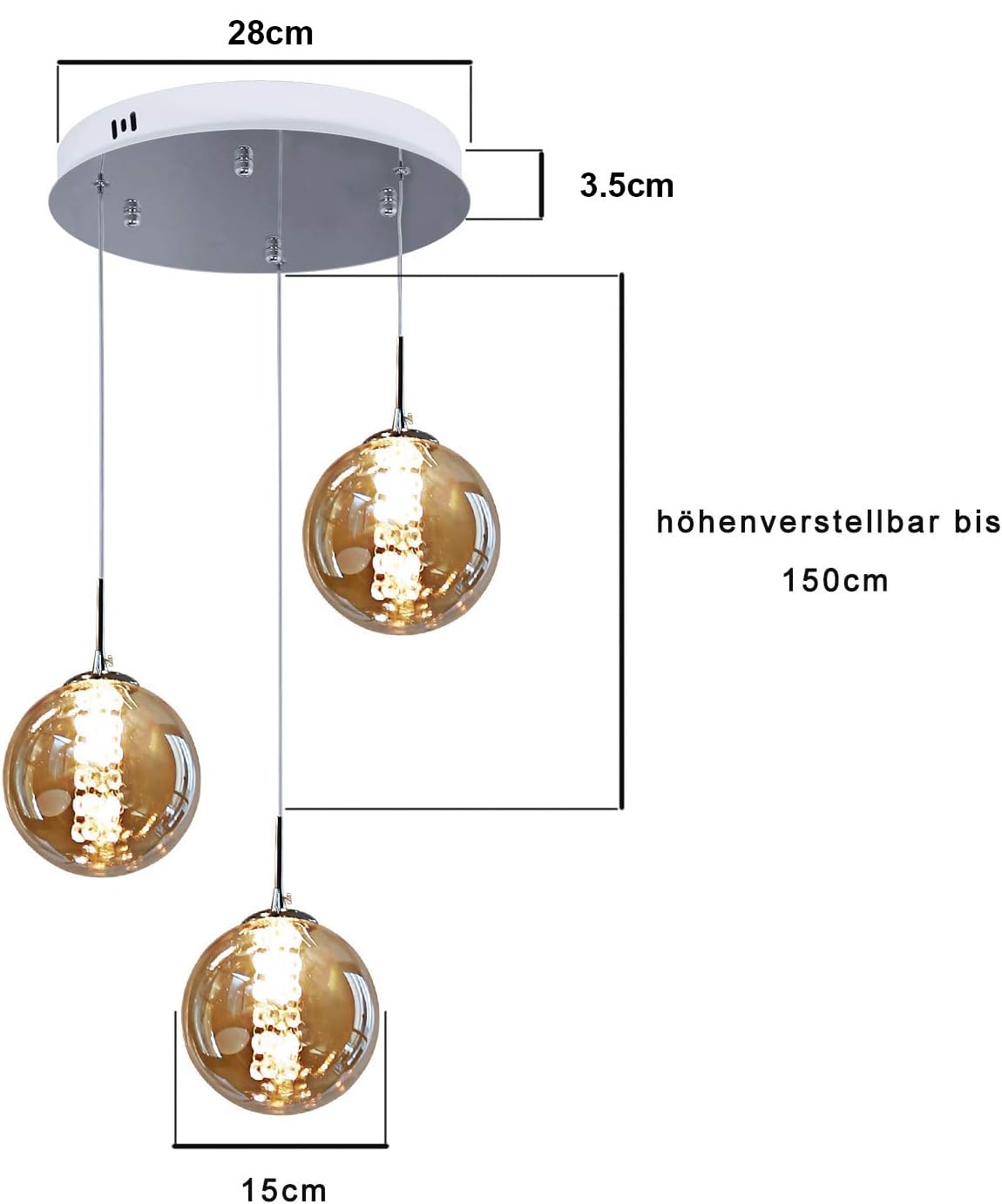 ZMH Pendelleuchte esstisch Pendellampe Höhenverstellbar Kronleuchter Hängeleuchte 3-Flammig aus Glas in Farbe Bernstein Küchen Wohnzimmerlampe Schlafzimmerlampe Flurlampe