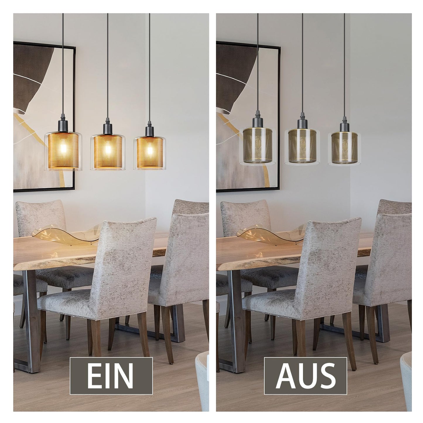 ZMH Vintage Pendelleuchte Retro Pendellampe esstisch 3 Flammige H?ngeleuchte aus Glas und Metall H?henverstellbar H?ngelampe E14, Farbe: Schwarz und Gold, Esstischlampe,Wohnzimmerlampe