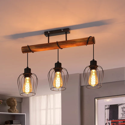 ZMH Retro Deckenleuchte Vintage Deckenlampe 3 flammige Holz Wohnzimmerlampe im Industrial Design mit höhenverstellbaren Strahlern aus Metall und Holz - Schwarz - Fassung: E27 - ohne Leuchtmittel