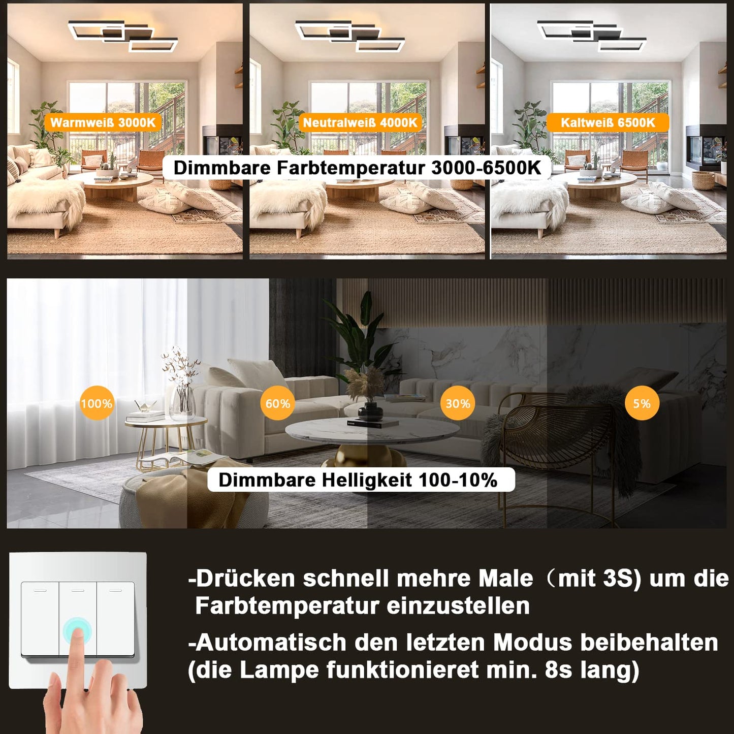 ZMH LED Deckenleuchte Wohnzimmer Deckenlampe - 48W Dimmbar Schlafzimmerlampe Schwarz Flach Design mit Fernbedienung aus Metall Modern Küchenlampe für Schlafzimmer Esszimmer Küche Flur Kinderzimmer