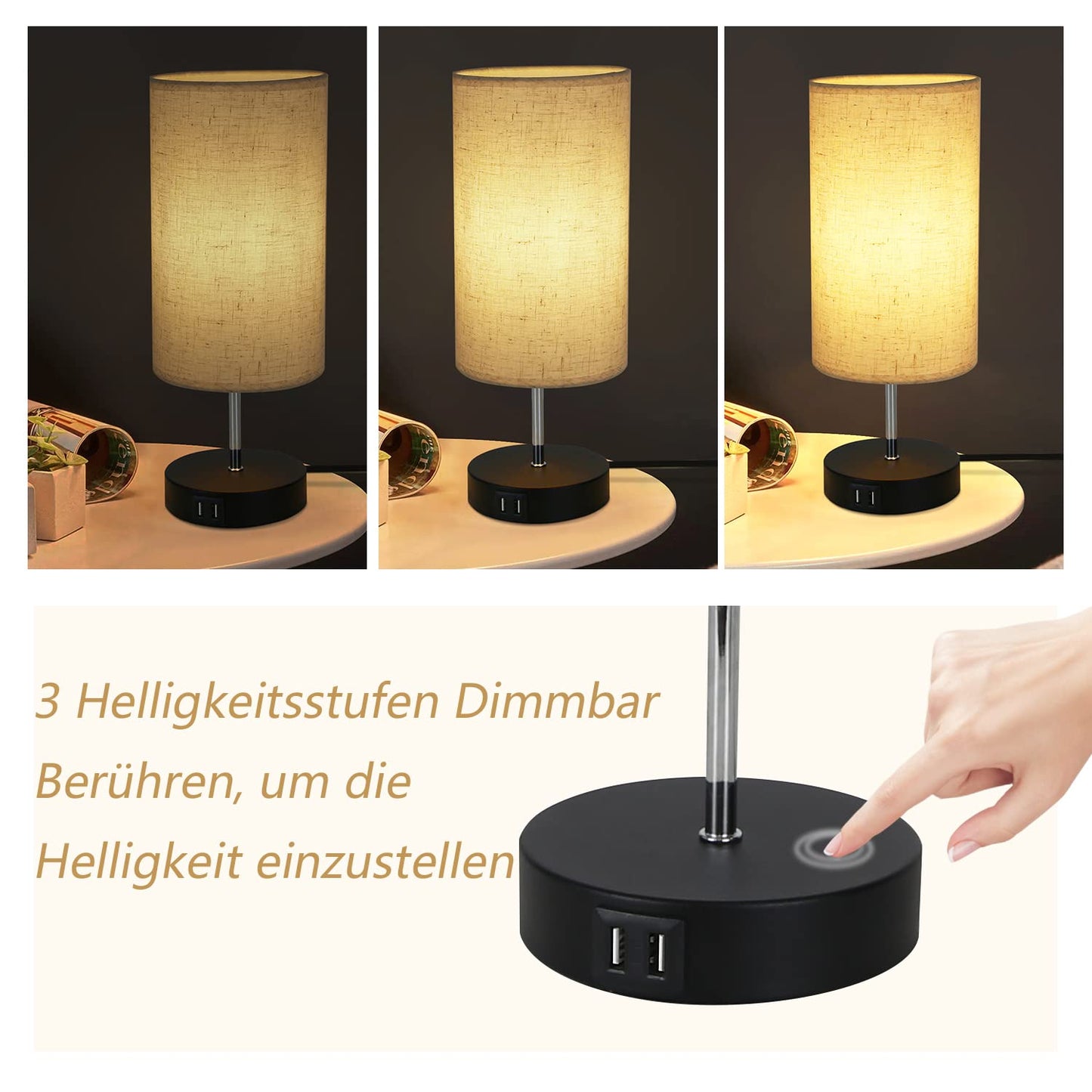 ZMH  Tischlampe Touch Nachttischlampe - USB Schwarz Vintage Dimmbar Tischleuchte E27 mit Ladefunktion Stoff Lampenschirm für Modern Deko Schlafzimmer, Geschenk, Wohnzimmer