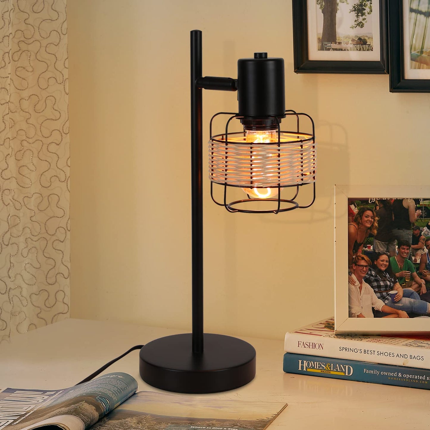 ZMH Tischlampe Vintage Landhaus Tischleuchte - Rattan Nachttischlampe Retro Schwarz Rustikal aus Bambus Metall mit Schalter E27 Boho in Natur Schwenkbar 120° für Wohnzimmer Schlafzimmer