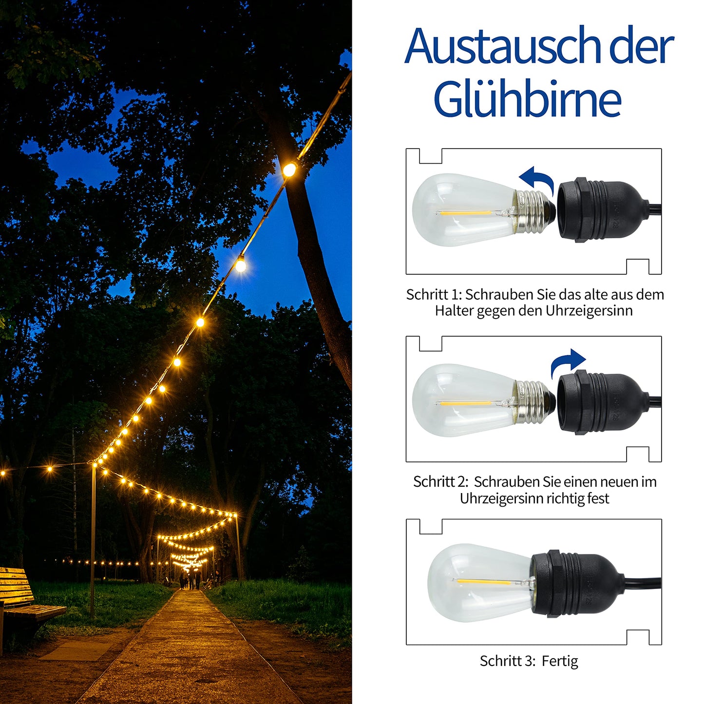 ZMH LED Lichterkette außen Balkon Deko - 15M outdoor Lichterkette Glühbirnen Garten Beleuchtung S14 Warmweiß 15er mit 1 Ersatzbirne IP65 Wasserdichte für Party Weihnachten Terrasse - Strombetrieben