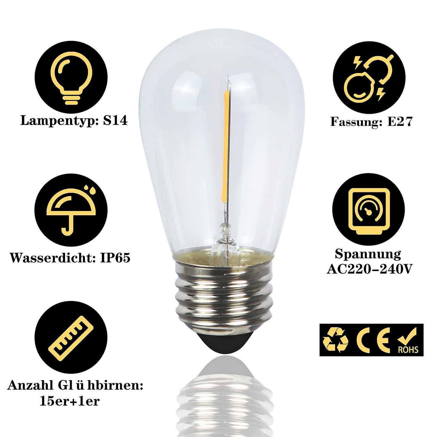 ZMH LED Lichterkette außen Balkon Deko - 15M outdoor Lichterkette Glühbirnen Garten Beleuchtung S14 Warmweiß 15er mit 1 Ersatzbirne IP65 Wasserdichte für Party Weihnachten Terrasse - Strombetrieben