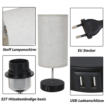 ZMH  Tischlampe Touch Nachttischlampe - USB Schwarz Vintage Dimmbar Tischleuchte E27 mit Ladefunktion Stoff Lampenschirm für Modern Deko Schlafzimmer, Geschenk, Wohnzimmer