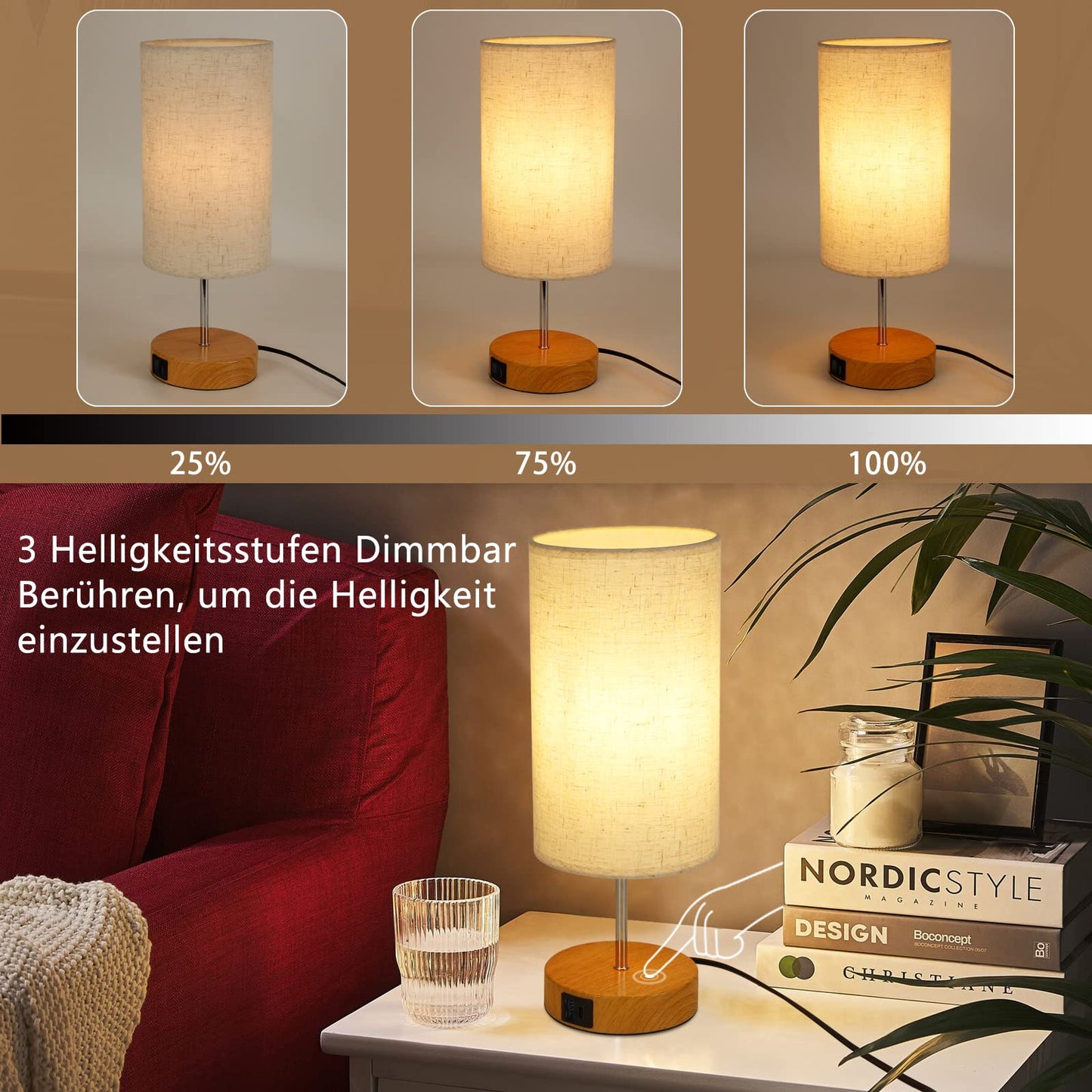 ZMH Nachttischlampe Touch Dimmbar mit Ladefunktion - Vintage Tischlampe mit USB Anschlüsse Nachttisch Lampe Holzoptik Bettlampe mit Stoffschirm Tischleuchte E27 für Schlafzimmer Hotel Bett Flur