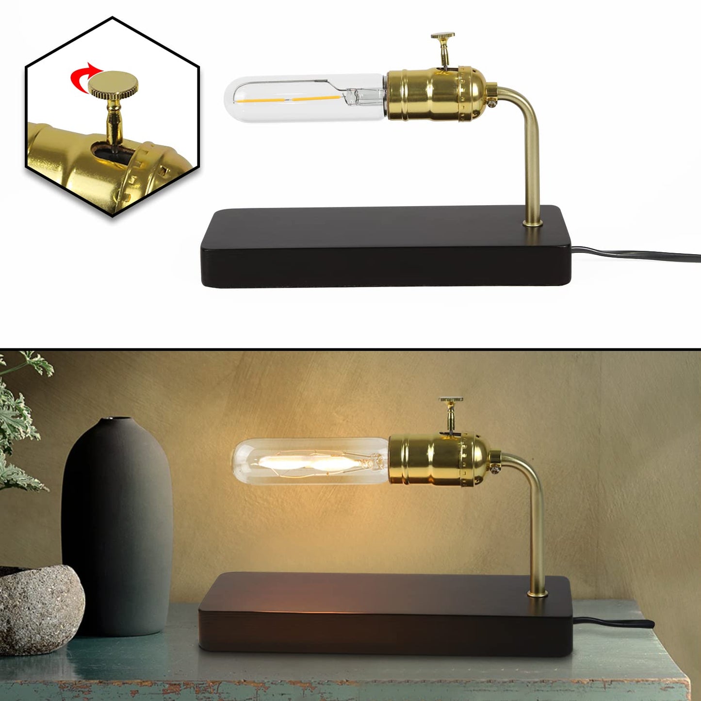 ZMH Vintage Tischlampe Holztischlampe - Industrielle Nachttischlampe mit Schalter Retro Design Nachtlampe Steampunk Antik Metall Für Wohnzimmer Schlafzimmer Bett Büro Hotel(ohne Leuchtmittel)