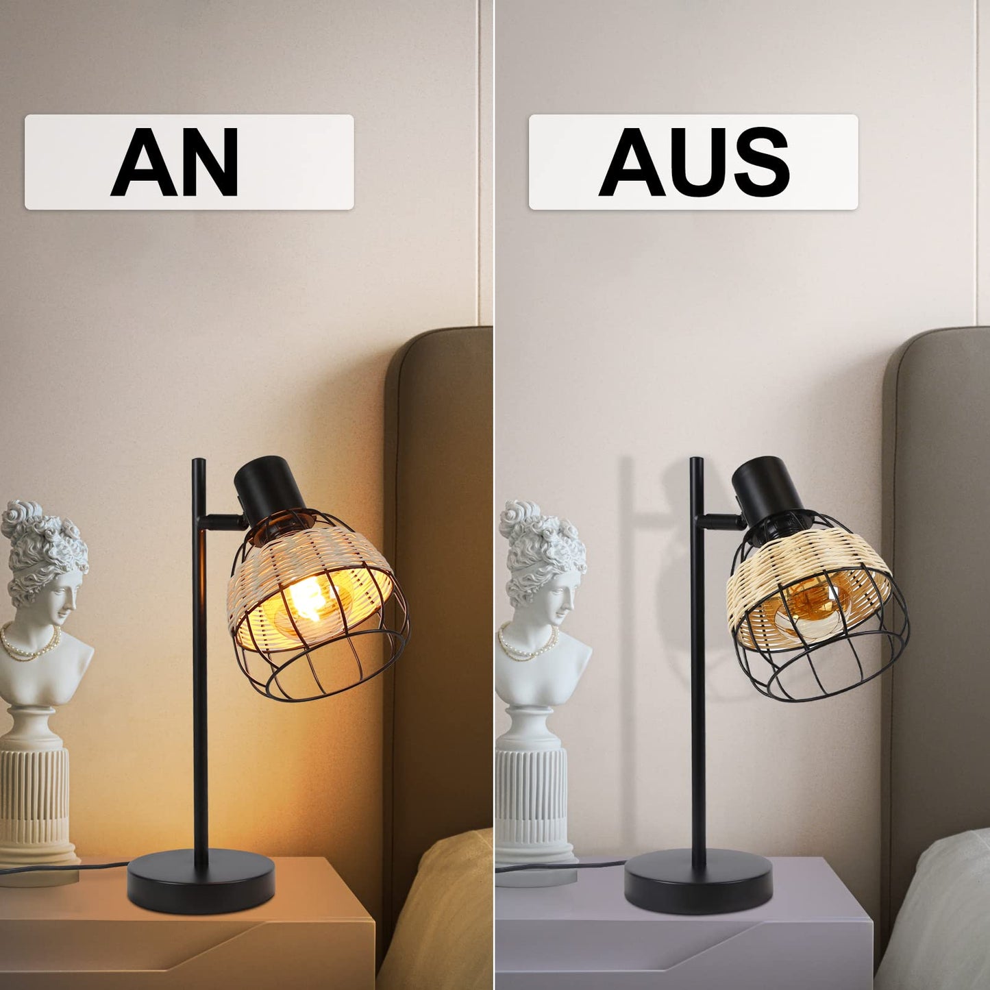 ZMH Tischlampe Vintage Tischleuchte Wohnzimmer Schwarz - E27 Nachttischlampe Retro Rattan Bambus Schwenkbar Lampenschirm Nachttischleuchte mit Schalter Max.40W Deko Schlafzimmer - Ohne Gl¨¹hbirne