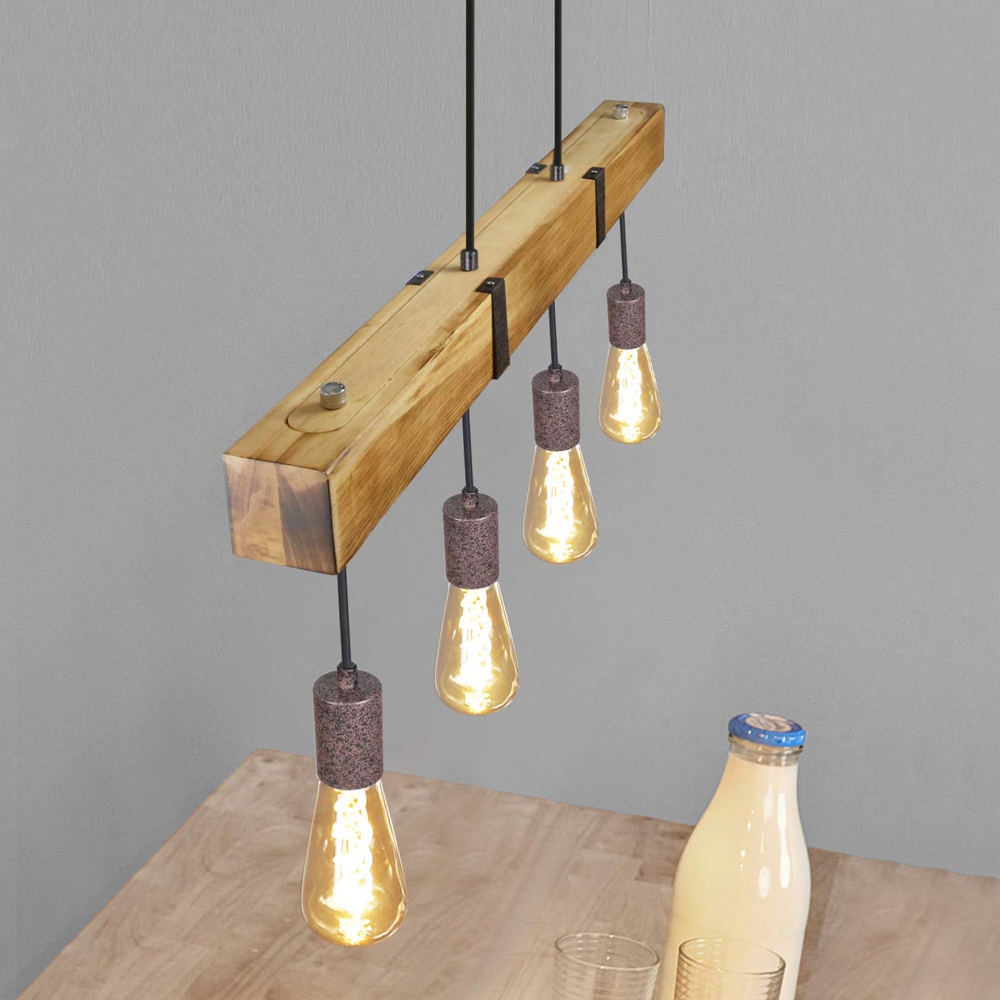 ZMH Vintage Pendelleuchte Holz Esstischlampe Retro H?ngeleuchte mit 80CM Holzbalken 4 x E27 max. 25 Watt H?ngelampe Industrial Pendellampe f¨¹r Esszimmer K¨¹che Wohnzimmer Bar Restaurant