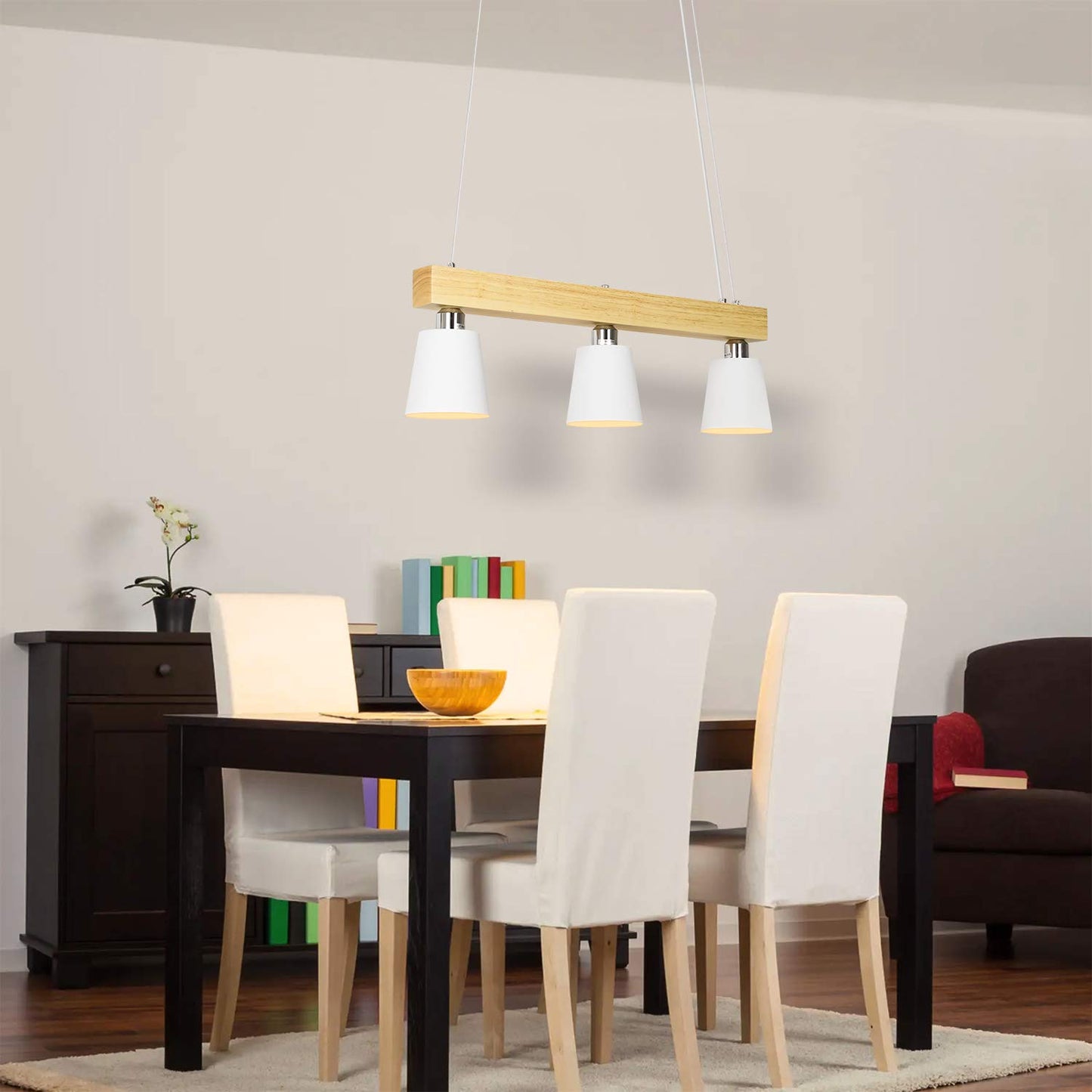 ZMH Pendelleuchte Esstisch Holz Hängelampe 3 Flammig Warmweiß Vintage Höhenverstellbar Esstischlampe Hängend für Esszimmer Wohnzimmer Büro Schlafzimmer Küche boho - Weiß - E27 MAX.25W, 70x14x23CM