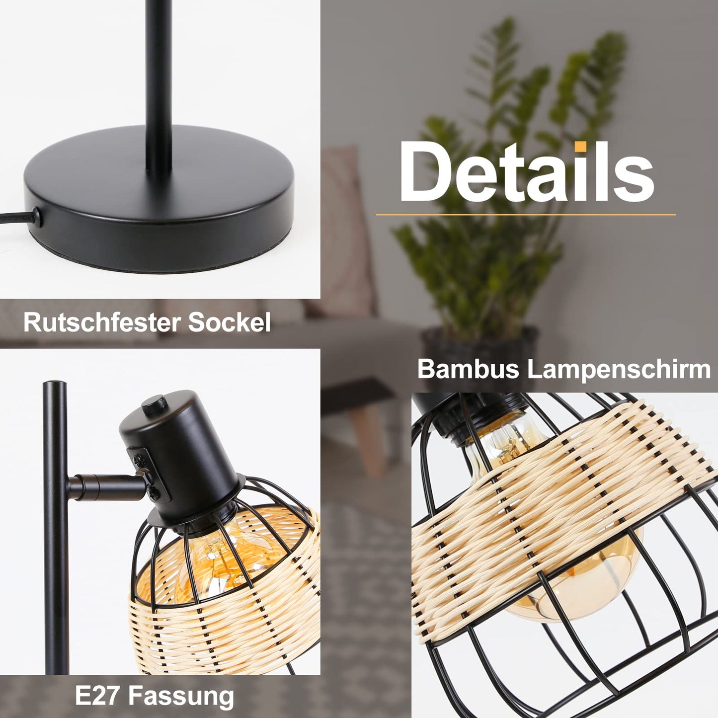 ZMH Tischlampe Vintage Tischleuchte Wohnzimmer Schwarz - E27 Nachttischlampe Retro Rattan Bambus Schwenkbar Lampenschirm Nachttischleuchte mit Schalter Max.40W Deko Schlafzimmer - Ohne Gl¨¹hbirne