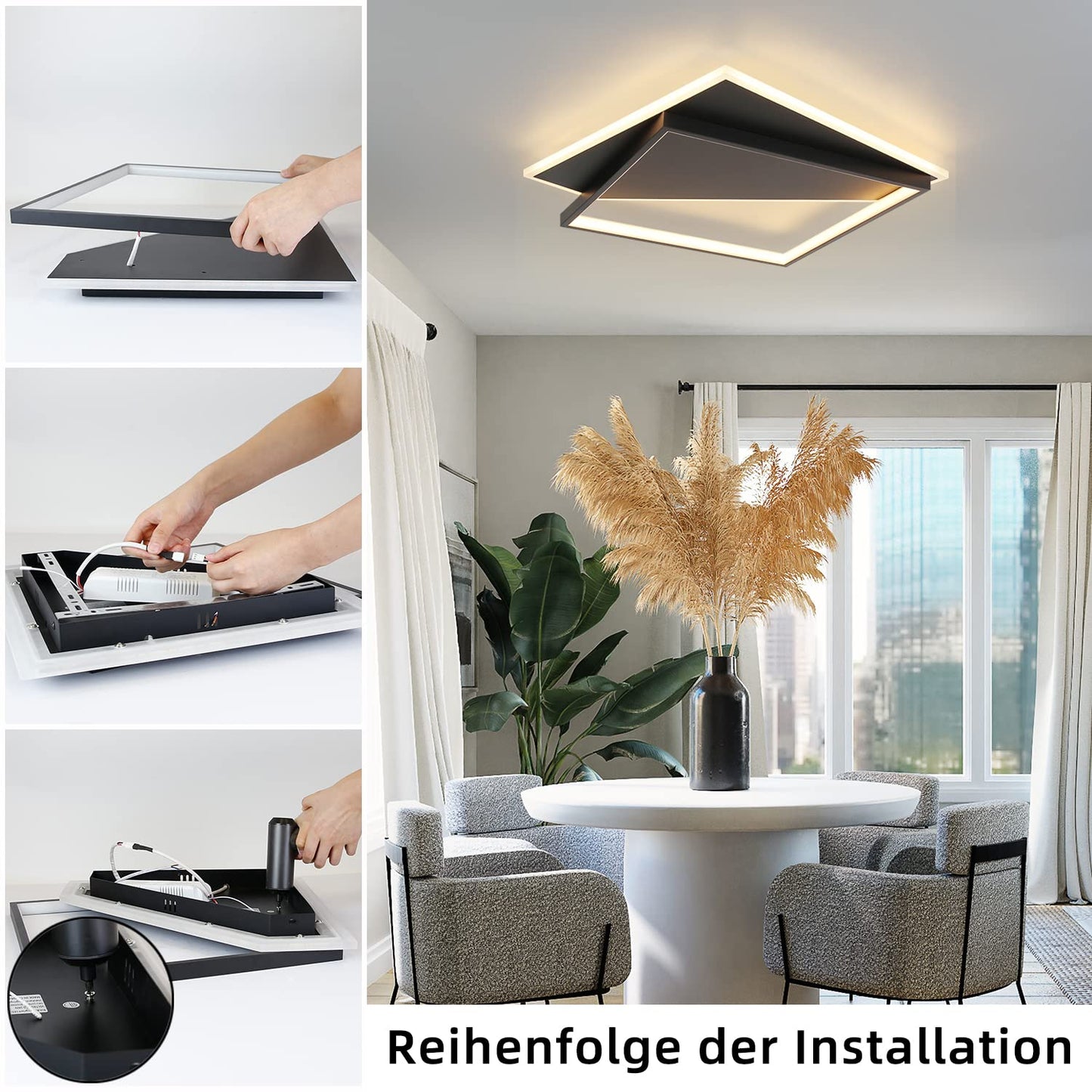 ZMH Deckenlampe LED Deckenleuchte Wohnzimmer - Dimmbar 48CM Schwarz Wohnzimmerlampe Modern Design mit Fernbedienung aus Metall Deckenbeleuchtung für Küche Esszimmer Jugendzimmer Schlafzimmer