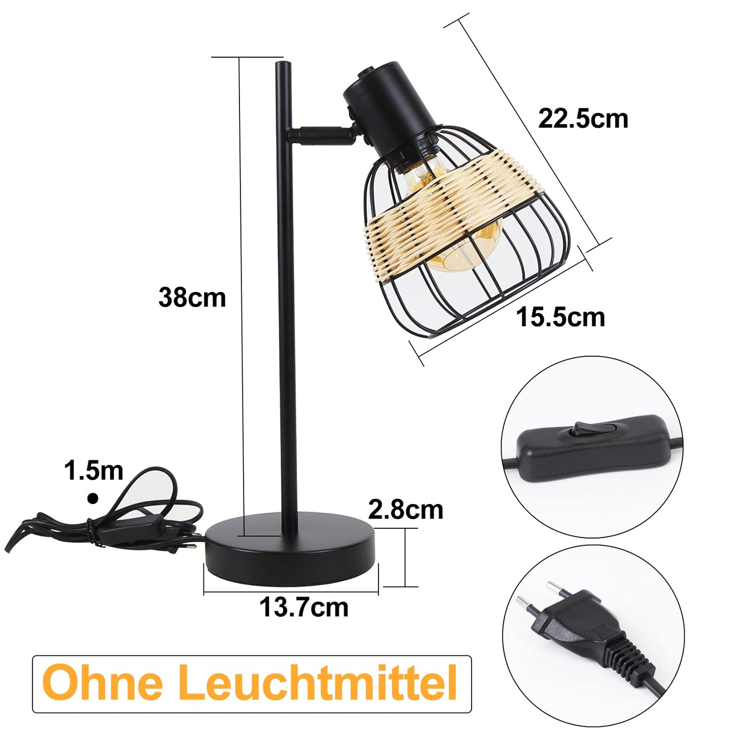 ZMH Tischlampe Vintage Tischleuchte Wohnzimmer Schwarz - E27 Nachttischlampe Retro Rattan Bambus Schwenkbar Lampenschirm Nachttischleuchte mit Schalter Max.40W Deko Schlafzimmer - Ohne Gl¨¹hbirne