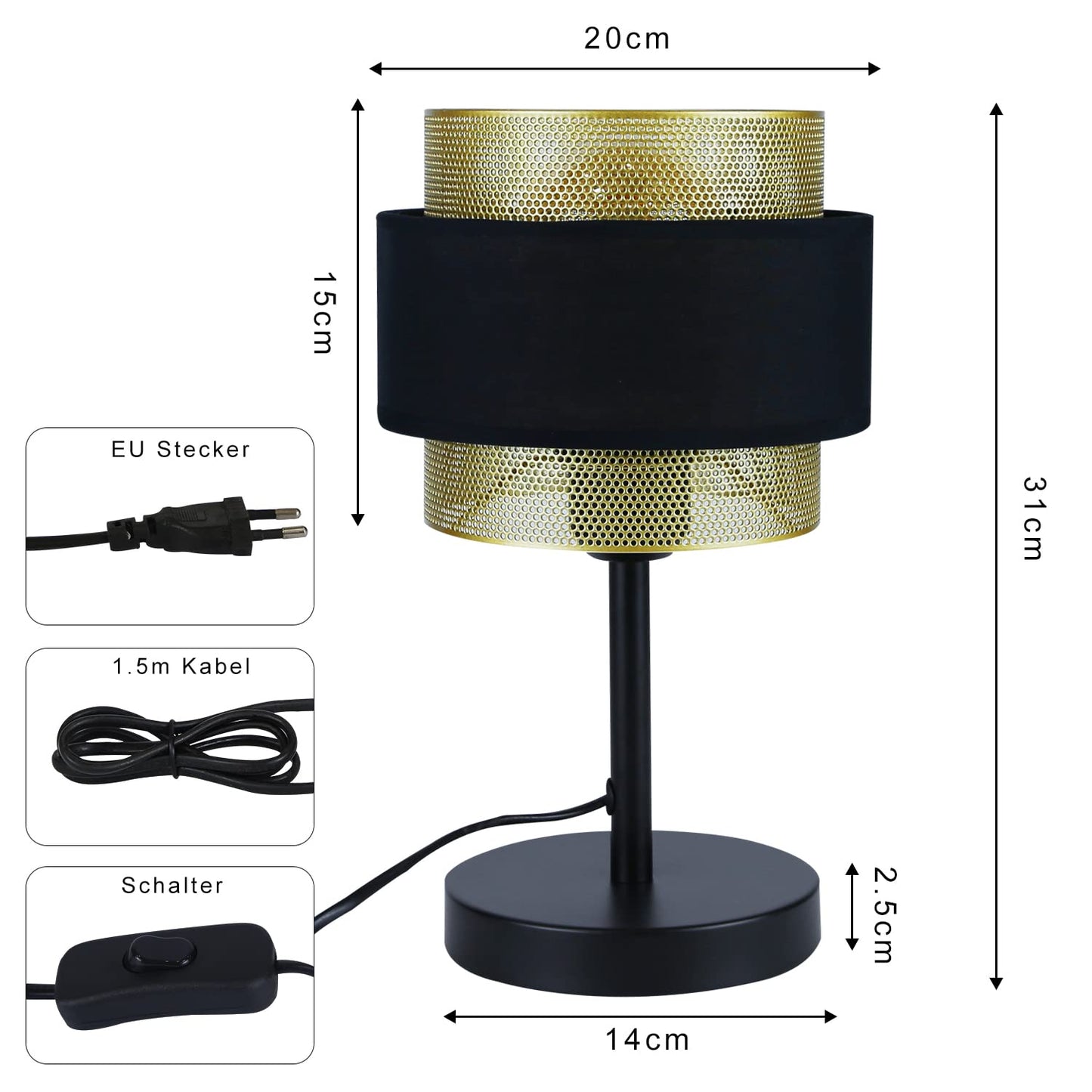 ZMH Tischlampe Retro Nachttischlampe Schwarz - Vintage Tischleuchte E27 für Wohnzimmer Schlafzimmer Gold Design Nachttischleuchte aus Metall Stoffschirm in Industrial Antik Stil - ohne Glühbirne