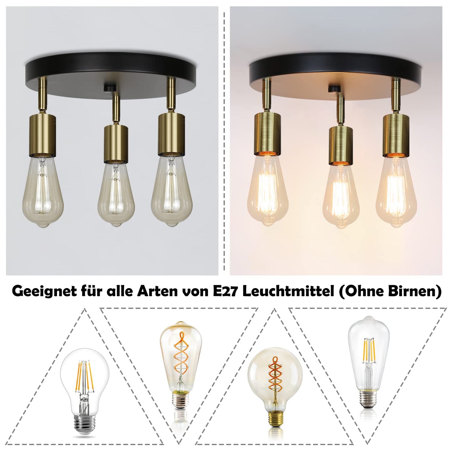 ZMH Deckenlampe Vintage 3 Flammig Deckenstrahler - Rund Deckenleuchte Modern Schlafzimmerlampe Schwarzgold E27 Kronleuchter Industrial Schwenkbar für Schlafzimmer Esszimmer Küche Flur Wohnzimmer