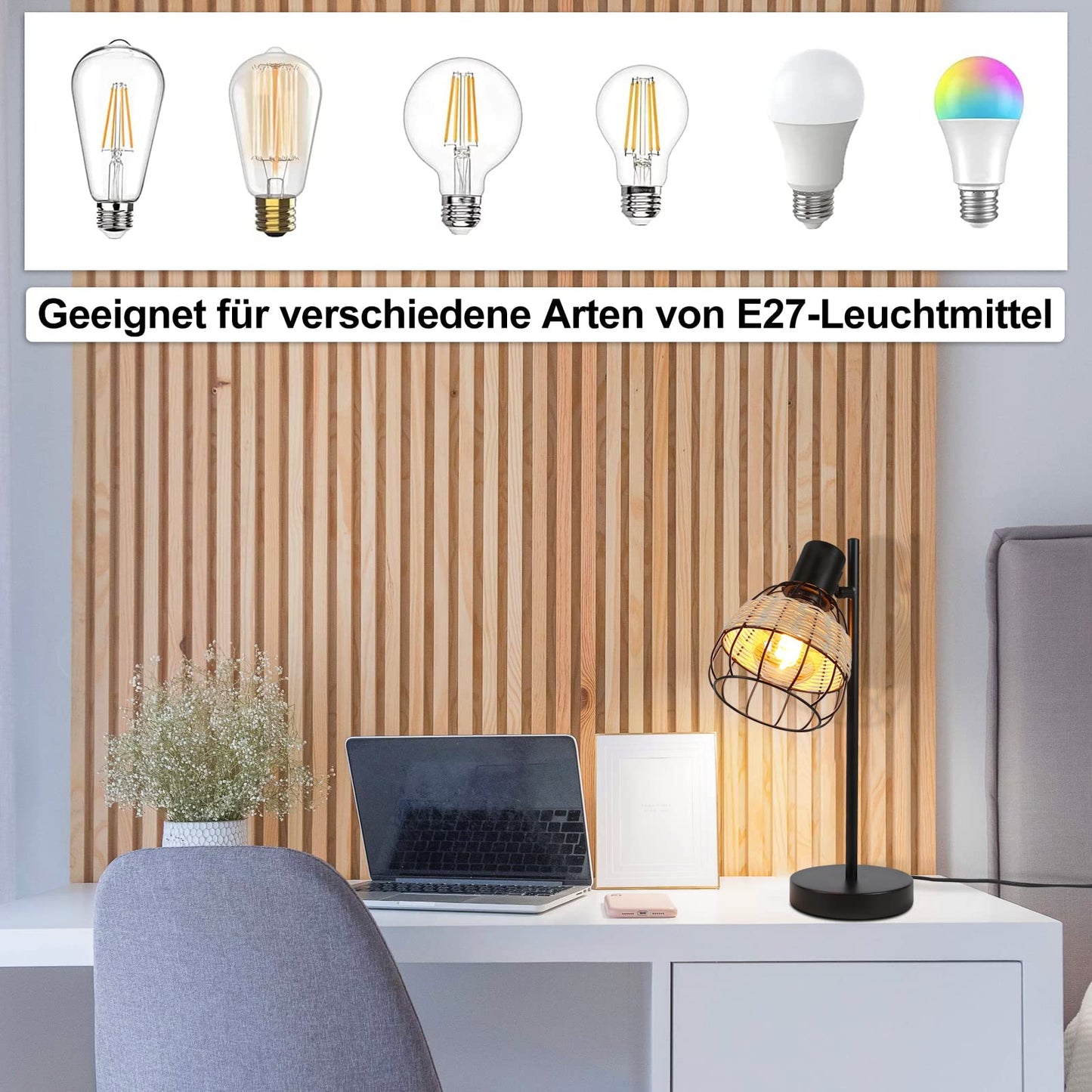 ZMH Tischlampe Vintage Tischleuchte Wohnzimmer Schwarz - E27 Nachttischlampe Retro Rattan Bambus Schwenkbar Lampenschirm Nachttischleuchte mit Schalter Max.40W Deko Schlafzimmer - Ohne Gl¨¹hbirne
