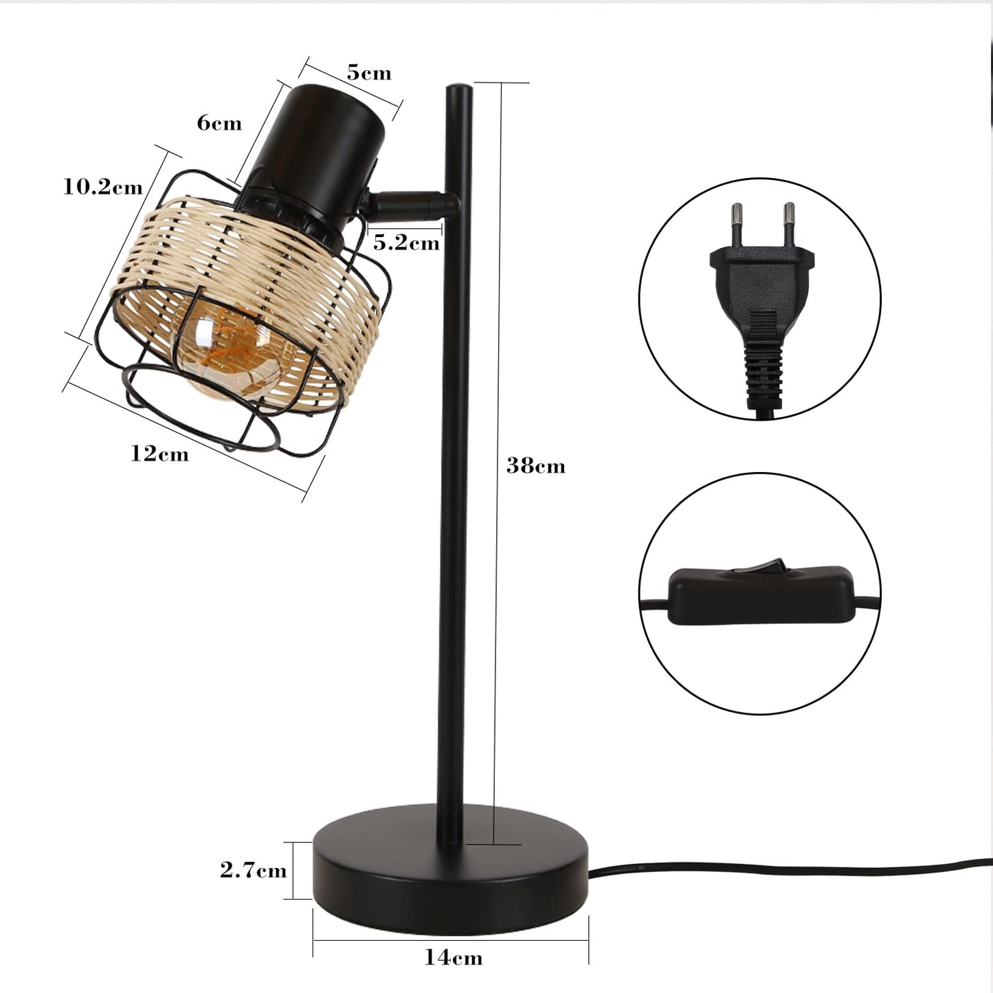 ZMH Tischlampe Vintage Landhaus Tischleuchte - Rattan Nachttischlampe Retro Schwarz Rustikal aus Bambus Metall mit Schalter E27 Boho in Natur Schwenkbar 120° für Wohnzimmer Schlafzimmer