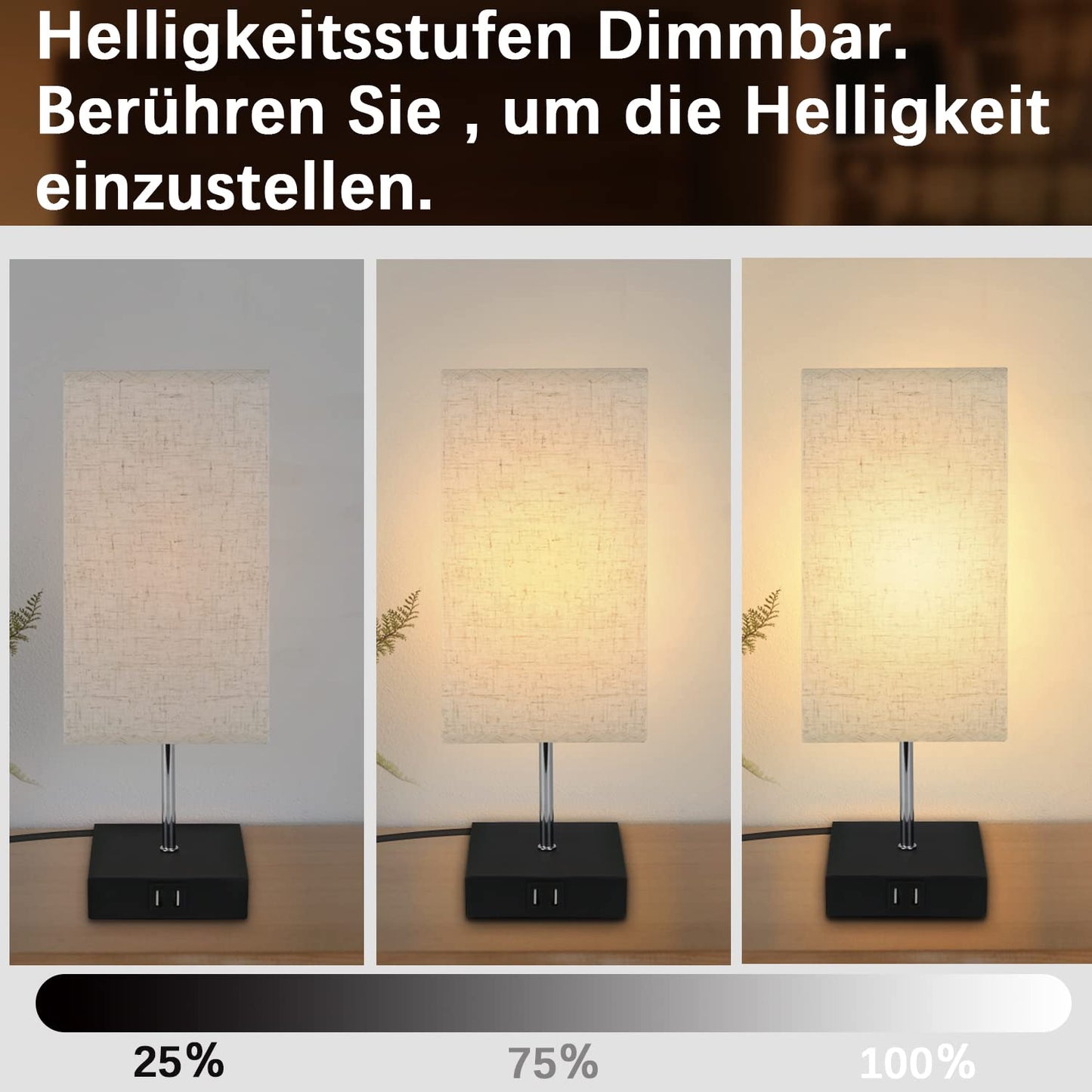 ZMH Tischlampe Touch Nachttischlampe USB - Schwarz Tischleuchte E27 Aufladbar Vintage Nachtlicht mit Ladefunktion Dimmbar für Deko Schlafzimmer, Nachttisch, Geschenk, Esszimmer