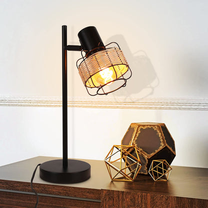 ZMH Tischlampe Vintage Landhaus Tischleuchte - Rattan Nachttischlampe Retro Schwarz Rustikal aus Bambus Metall mit Schalter E27 Boho in Natur Schwenkbar 120° für Wohnzimmer Schlafzimmer