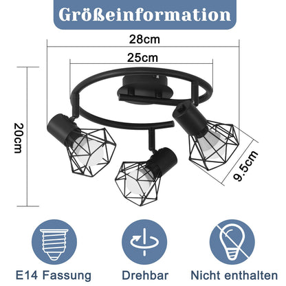 ZMH Deckenstrahler 3 Flammig Rund Deckenspots - Deckenleuchte E14 Schwarz Retro Schwenkbar Industrial Küchenlampe Metall für Schlafzimmer Wohnzimmer Arbeitszimmer Flur Keine Leuchtmittel