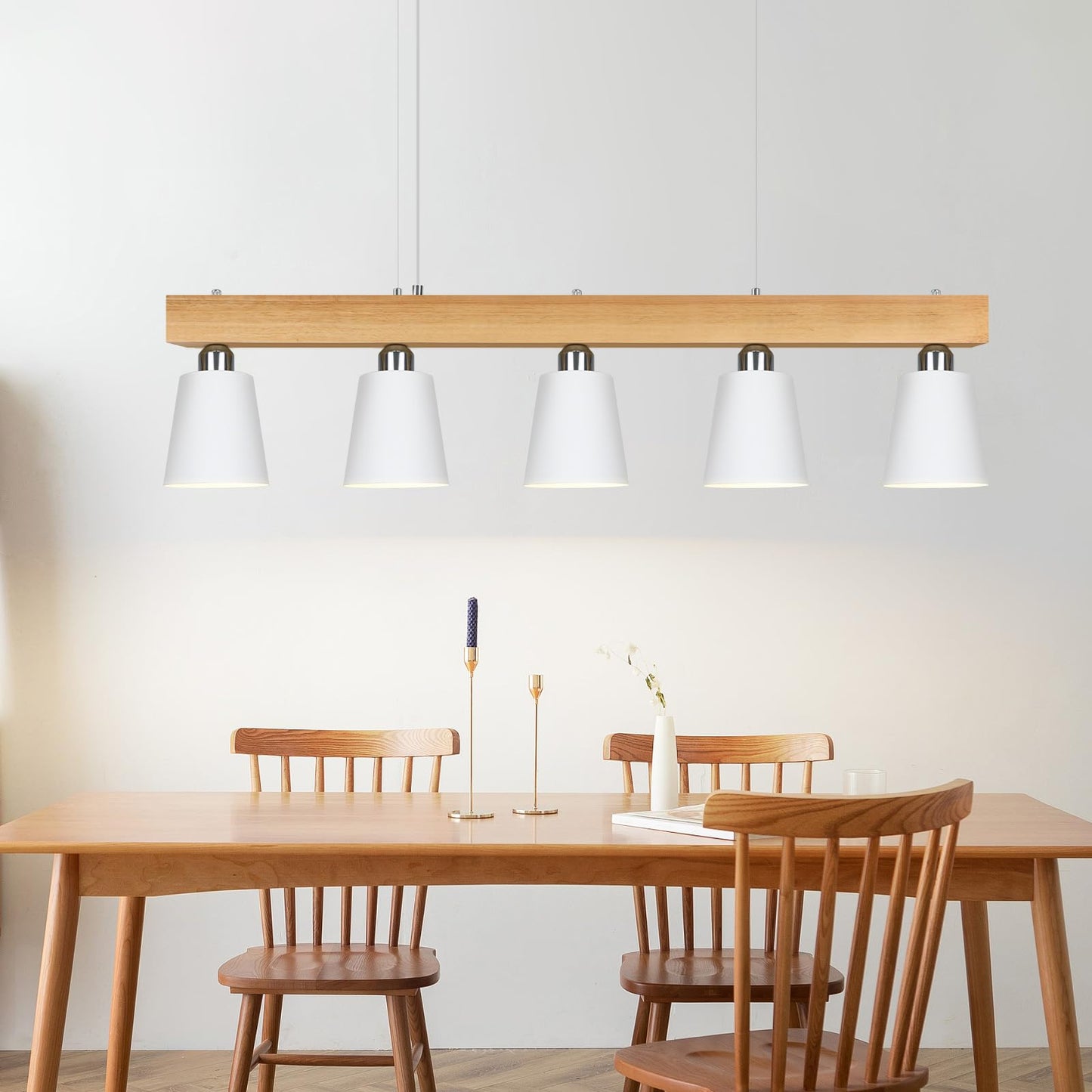 ZMH Pendelleuchte Esstisch Küchenlampe Hängend - Hängelampe Wohnzimmer Pendellampe Holz Modern Esstischlampe E27 Esszimmer Hängeleuchte 5 Flammig Weiß Esszimmerlampe für Flur Hotel (ohne Leuchtmittel)