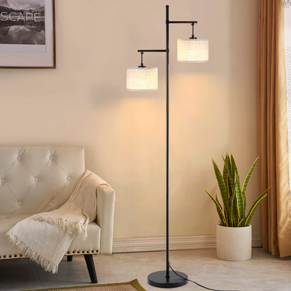 ZMH ZMH Stehlampe Wohnzimmer Modern Stehleuchte - Schwarz E27 Standleuchte Vintage 2 Flammig Bettlampe Weiß Stoff Design Standlampe Boho Deko Leselampe Max.25W mit Fußschalte für Büro Schlafzimmer