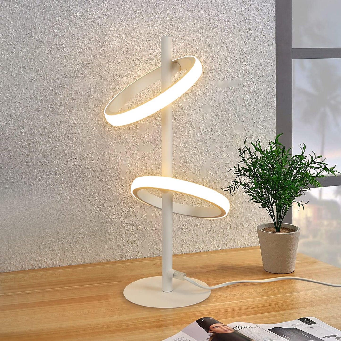 ZMH Tischlampe Modern LED Tischleuchte - Weiß Ringform Nachttischlampe Drehbaren Abnehmbar Ringen 13W 3000K Warmweiß für Schlafzimmer Wohnzimmer Kinderzimmer Büro