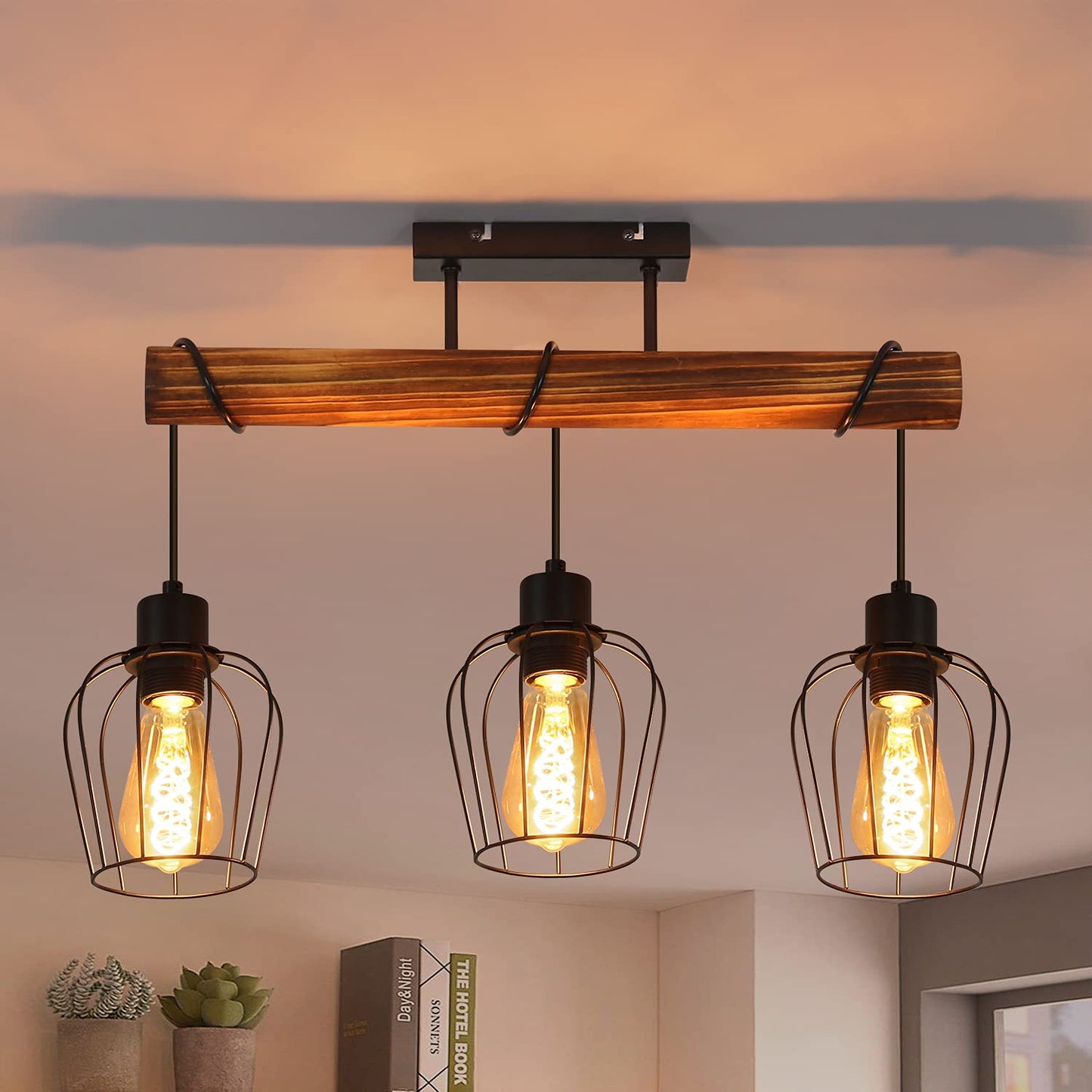 ZMH Retro Deckenleuchte Vintage Deckenlampe 3 flammige Holz Wohnzimmerlampe im Industrial Design mit höhenverstellbaren Strahlern aus Metall und Holz - Schwarz - Fassung: E27 - ohne Leuchtmittel