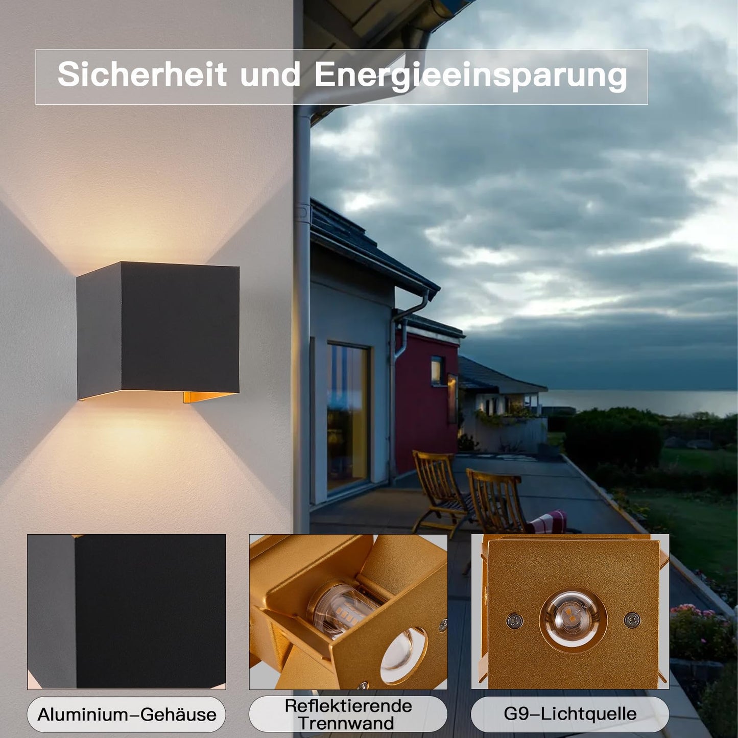 ZMH LED Wandleuchte Innen Wandlampe - 4ER Außenwandleuchten Schwarz Gold Wandbeleuchtung Aussen Aussenlampe Up Down IP65 Wandstrahler 3000K Außenbeleuchtung G9 für Hauswand Treppenhaus Flur