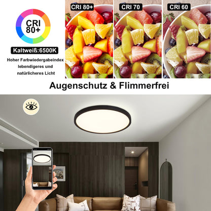 ZMH LED Deckenleuchte Flach Schwarz - 28W Dimmbar Deckenlampe Rund mit Fernbedienung 3000-6500K Ø30 CM Badezimmerlampe für Küche Esszimmer Flur Schlafzimmer Badezimmer