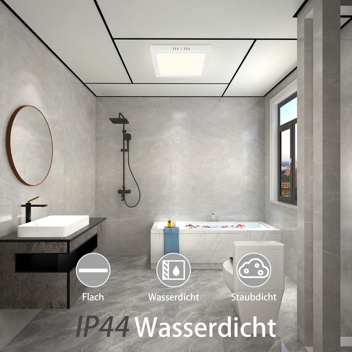 ZMH LED Deckenleuchte Flach Badezimmer 18W - Deckenlampe 4000K IP44 Schlafzimmerlampe Modern Ø23CM Eckig LED Lampe Weiß Neutralweiß Wasserfest für Flur Küche Büro Wohnzimmer