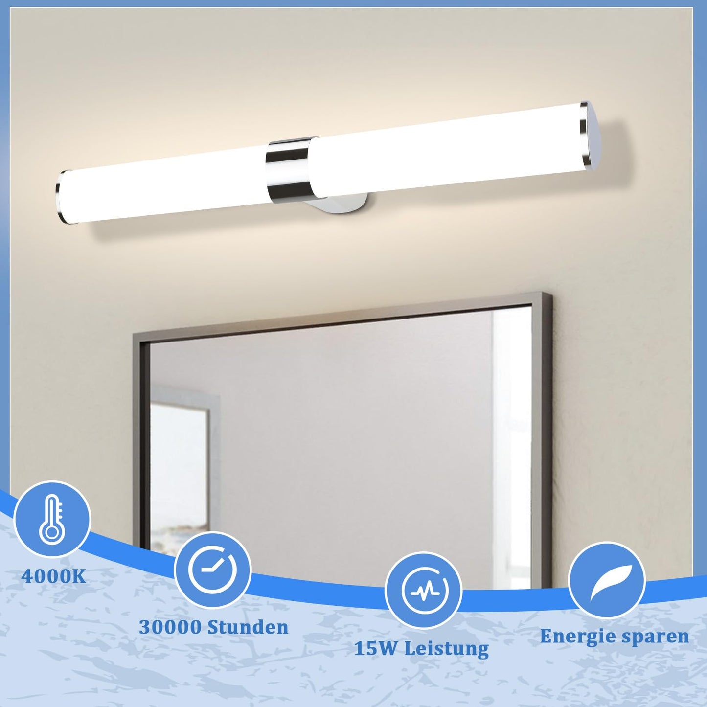 ZMH LED Spiegelleuchte Bad Spiegellampe - 15W Badleuchte Wand 60CM Chrom Wandlampe Wasserdicht IP44 Wandleuchte Neutralweiß 4000K Feuchtraumleuchte Modern für Badezimmer Keller Küche Badschrank