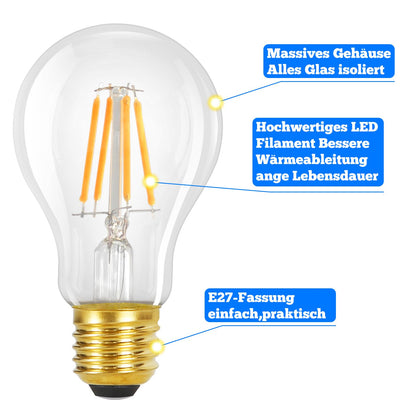 ZMH 6er pack LED E27 Glühbirne: A60 Vintage Lampe Edison Leuchtmittel 4W 2700K Warmweiss Glühlampe Retro Filament Birnen Bulb Energiesparlampe für Haus Café Bar - Nicht Dimmbar