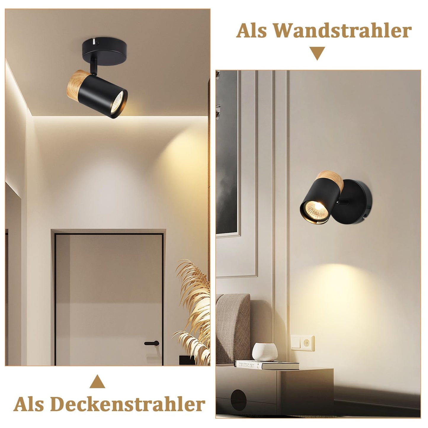 ZMH Deckenstrahler Holz Deckenleuchte 1 Flammig - Deckenspots GU10 Schwenkbar 330° LED Flurlampe Schwarz Vintage Deckenlampe Innen für Gang Flur Wohnzimmer Schlafzimmer Küche Ohne Leuchtmittel